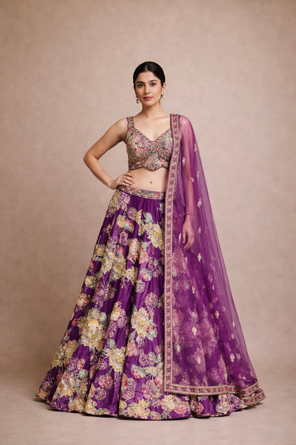 Royal Purple Designer Wedding Lehenga with Heavy Floral Zari Embroidery & Net Dupatta