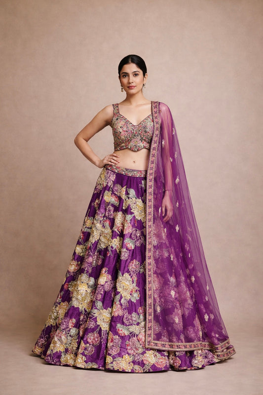 Royal Purple Designer Wedding Lehenga with Heavy Floral Zari Embroidery & Net Dupatta