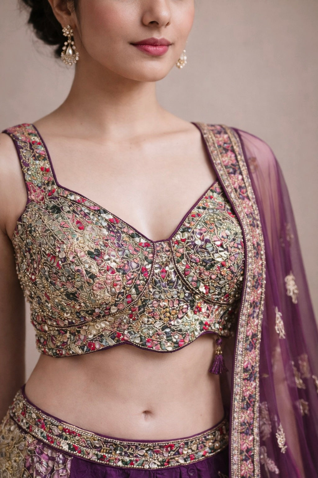 Royal Purple Designer Wedding Lehenga with Heavy Floral Zari Embroidery & Net Dupatta