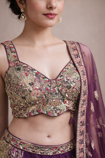 Royal Purple Designer Wedding Lehenga with Heavy Floral Zari Embroidery & Net Dupatta