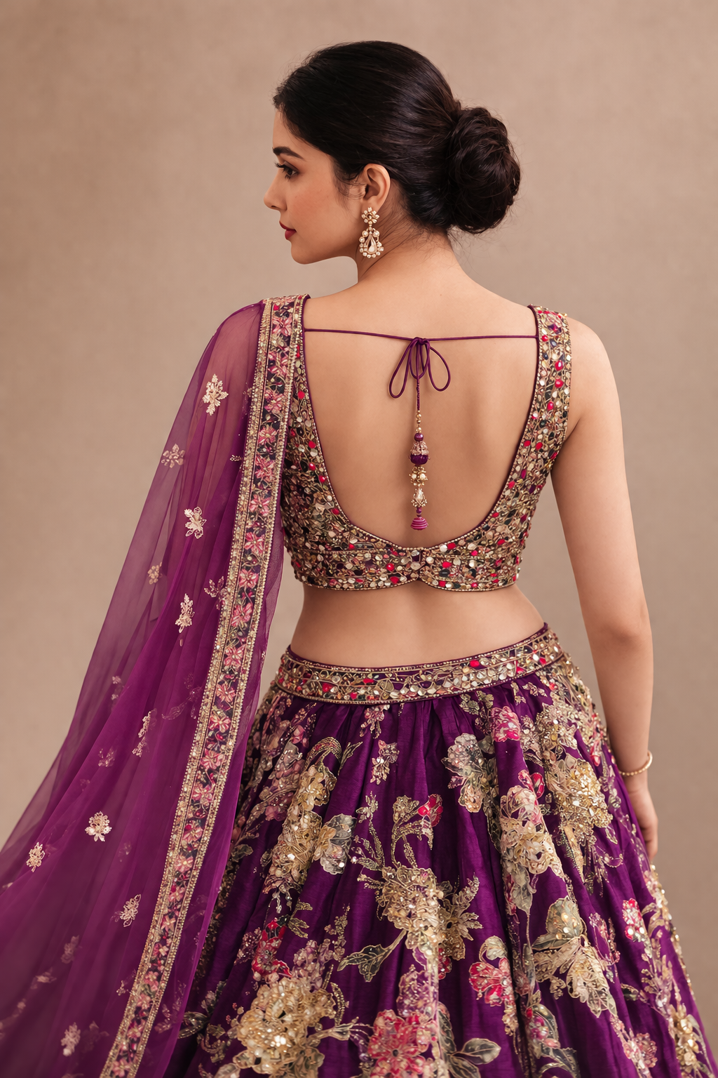 Royal Purple Designer Wedding Lehenga with Heavy Floral Zari Embroidery & Net Dupatta