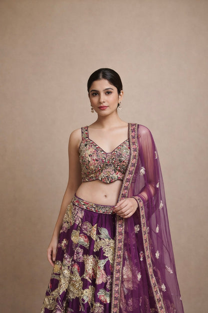 Royal Purple Designer Wedding Lehenga with Heavy Floral Zari Embroidery & Net Dupatta