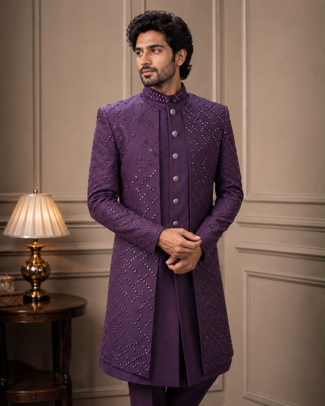 Royal Purple Embellished Indo Western with Geometric Embroidery and Mandarin Collar