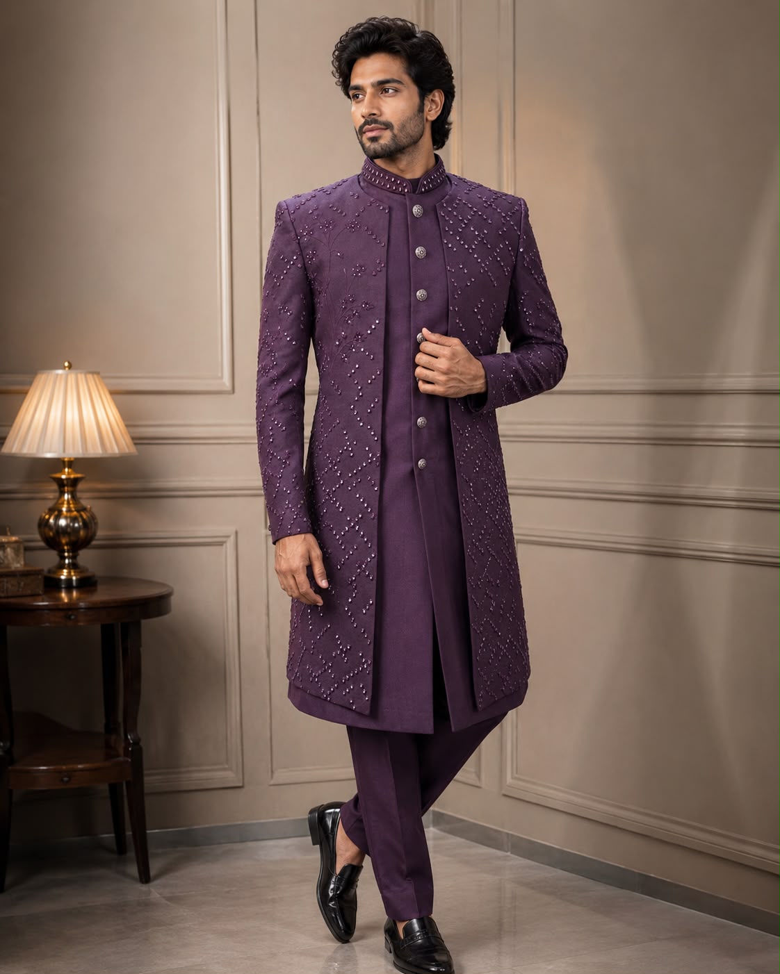 Royal Purple Embellished Indo Western with Geometric Embroidery and Mandarin Collar