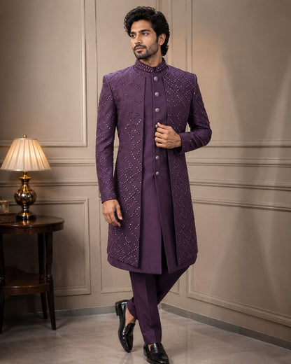 Royal Purple Embellished Indo Western with Geometric Embroidery and Mandarin Collar