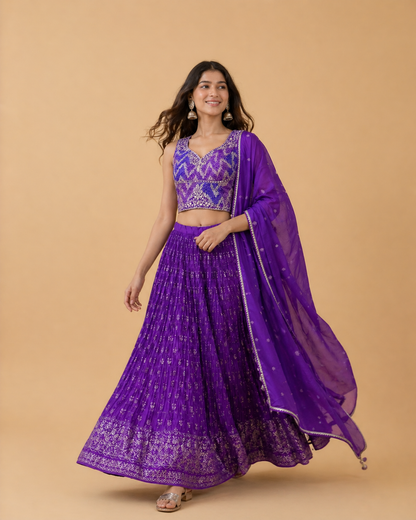 Royal Purple Embroidered Designer Lehenga Choli Set with Antique Gold Zari Work