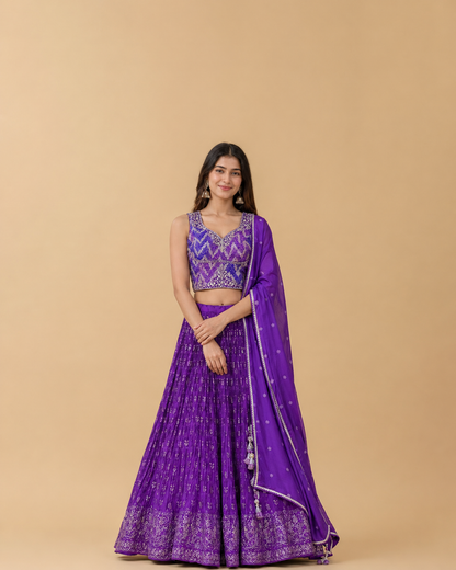 Royal Purple Embroidered Designer Lehenga Choli Set with Antique Gold Zari Work