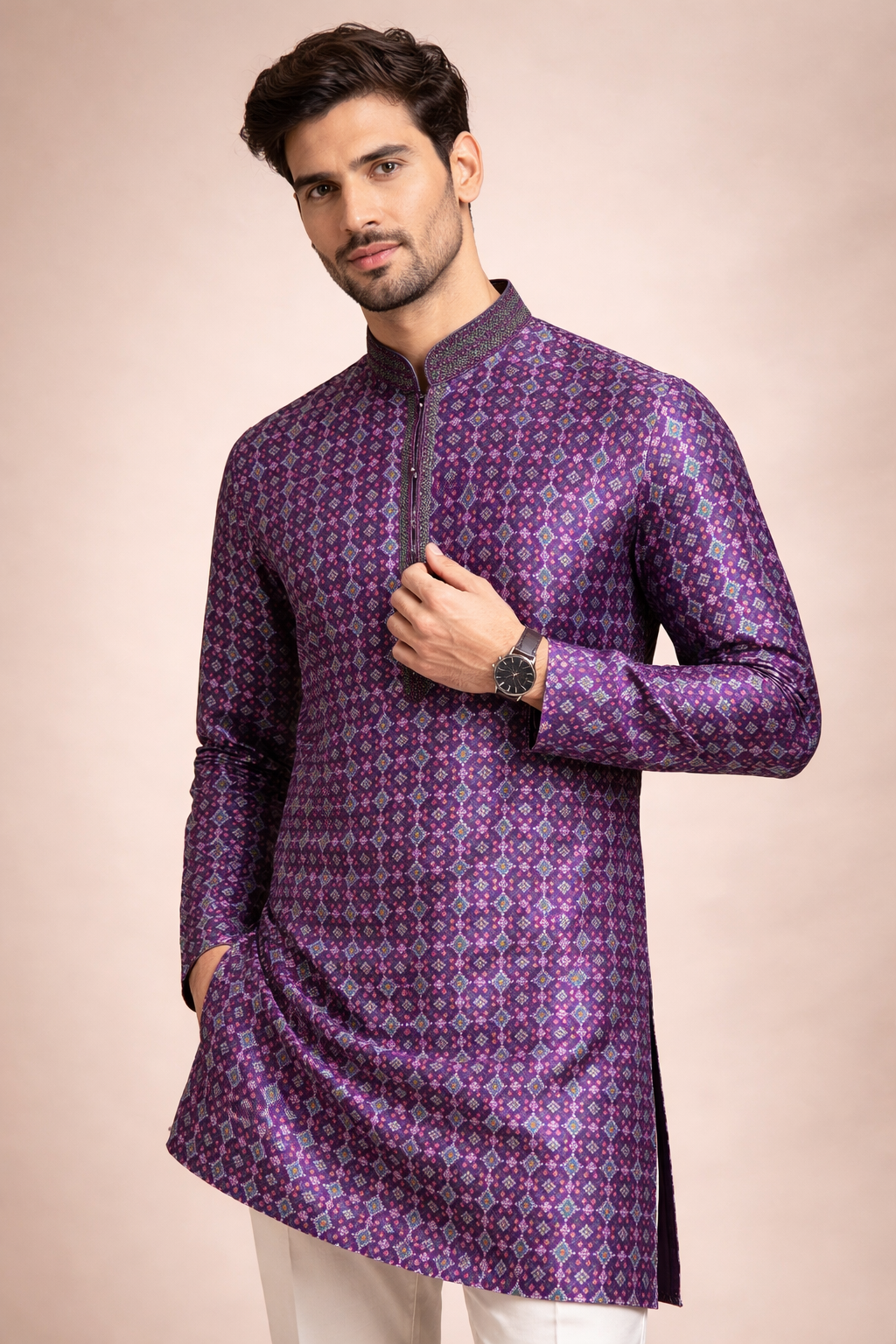 Royal Purple Geometric Buta Printed Kurta Set