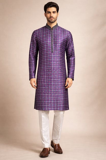 Royal Purple Geometric Buta Printed Kurta Set