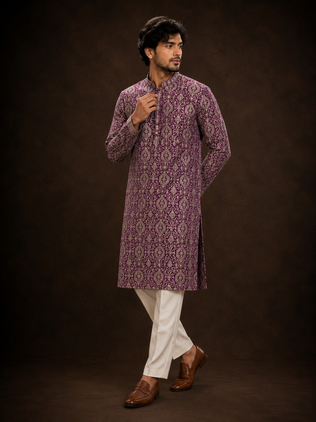 Royal Purple Printed Kurta for Men with Traditional Paisley Motif Design