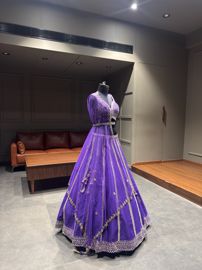 Royal Purple Zari Embroidered Lehenga Choli Set with Net Dupatta