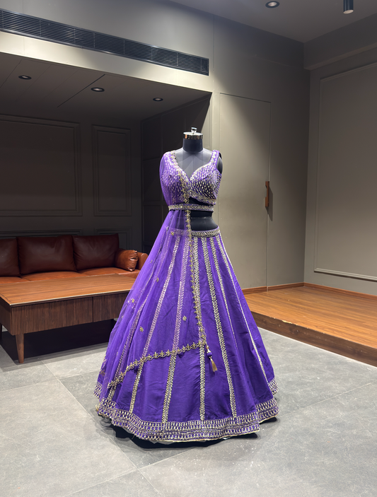 Royal Purple Zari Embroidered Lehenga Choli Set with Net Dupatta