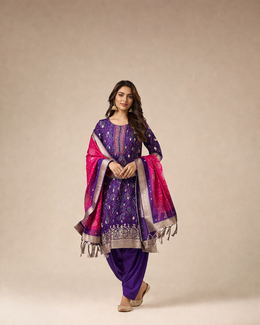 Royal Purple & Rani Pink Banarasi Silk Palazzo Set