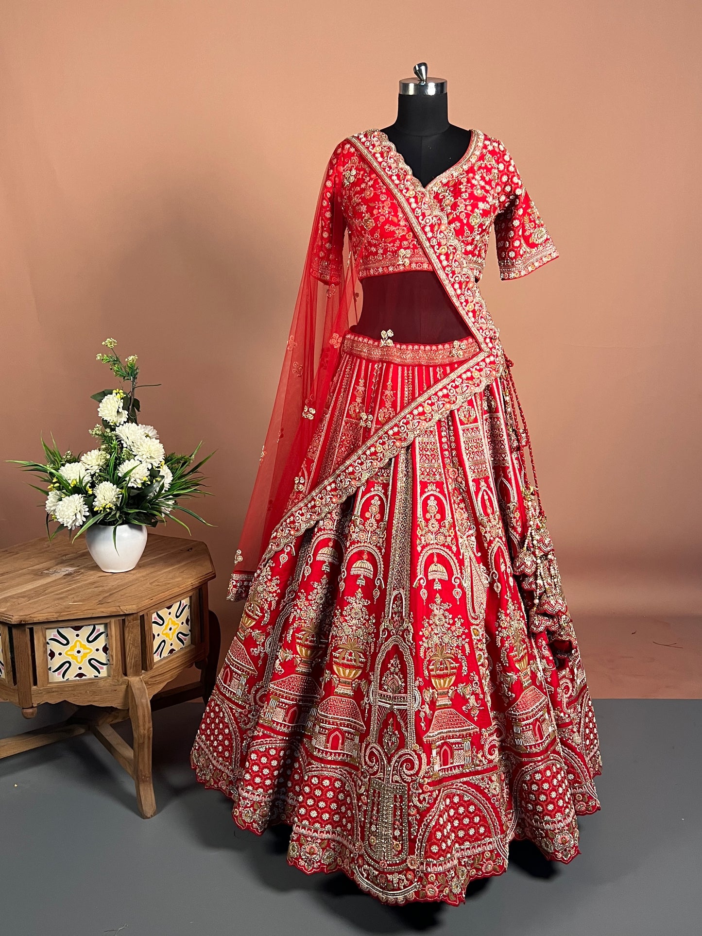 Royal Red Zardosi Bridal Lehenga with Temple Motif Embroidery