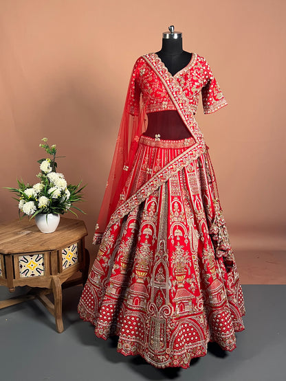 Royal Red Zardosi Bridal Lehenga with Temple Motif Embroidery