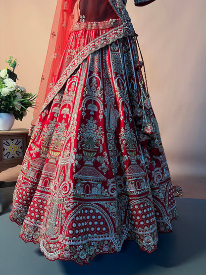 Royal Red Zardosi Bridal Lehenga with Temple Motif Embroidery