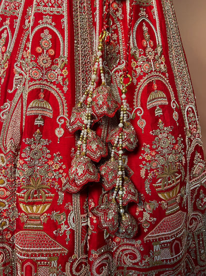 Royal Red Zardosi Bridal Lehenga with Temple Motif Embroidery