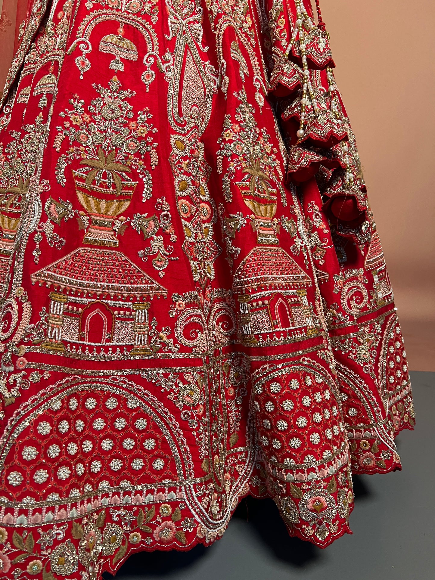 Royal Red Zardosi Bridal Lehenga with Temple Motif Embroidery