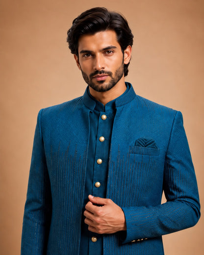 Royal Teal Blue Indo Western Set with Embroidered