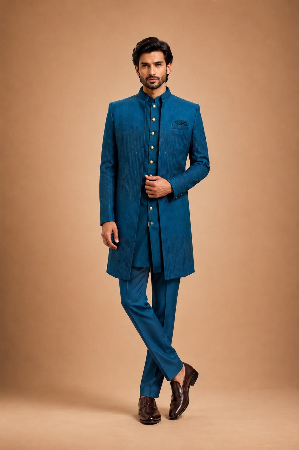 Royal Teal Blue Indo Western Set with Embroidered