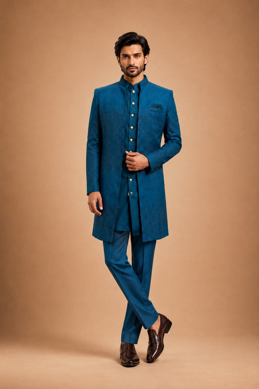 Royal Teal Blue Indo Western Set with Embroidered