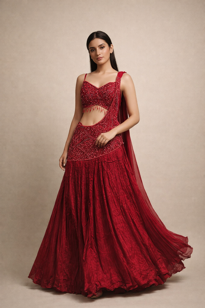 Ruby Red Hand Embroidered Designer Lehenga Choli with Cutwork Waist & Tassel Blouse