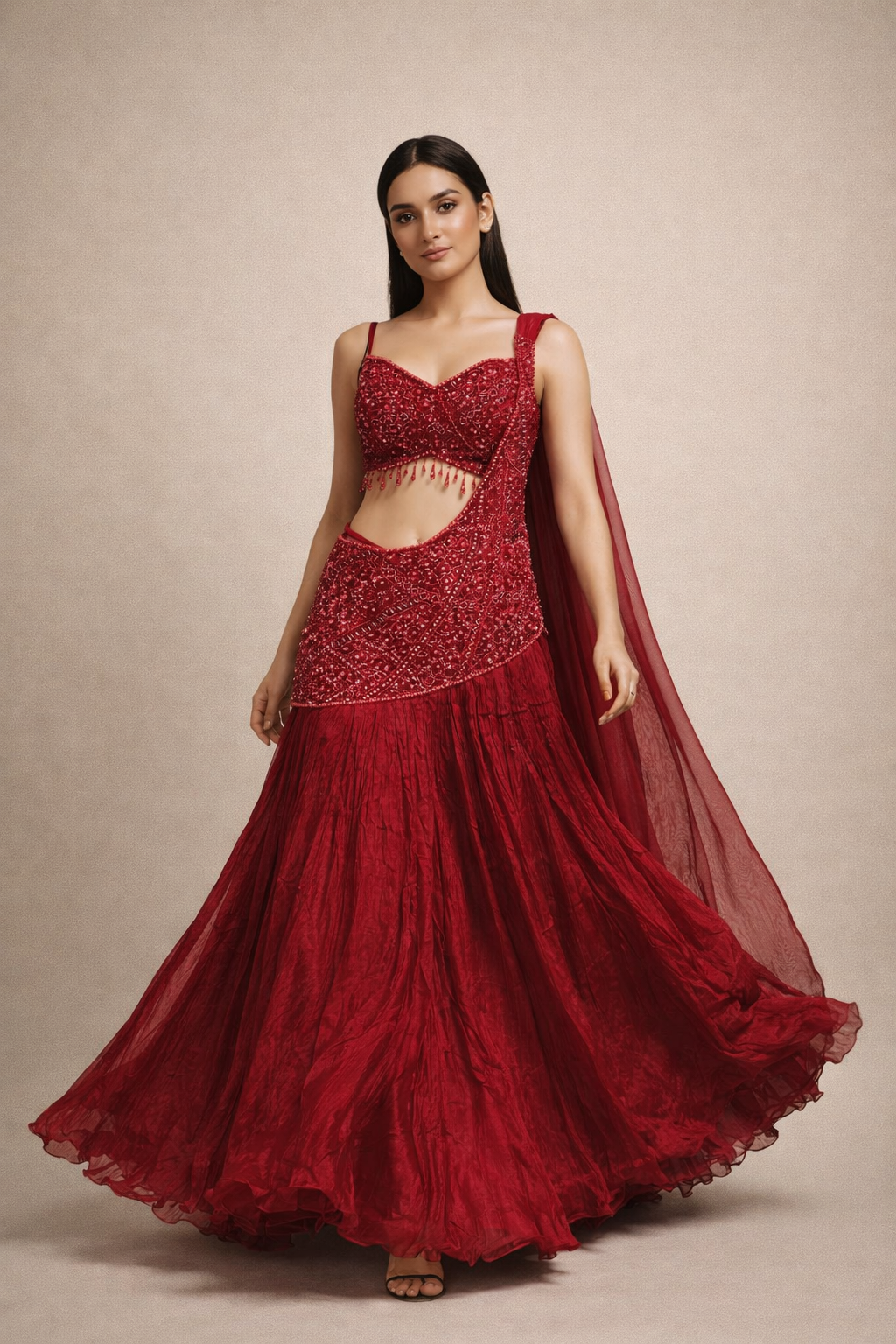 Ruby Red Hand Embroidered Designer Lehenga Choli with Cutwork Waist & Tassel Blouse