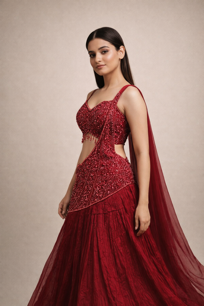 Ruby Red Hand Embroidered Designer Lehenga Choli with Cutwork Waist & Tassel Blouse