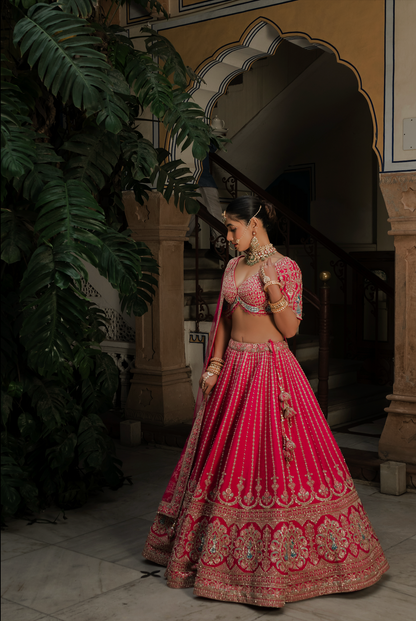 Ruby Red Silk Bridal Lehenga with Sequins & Zari Embroidery