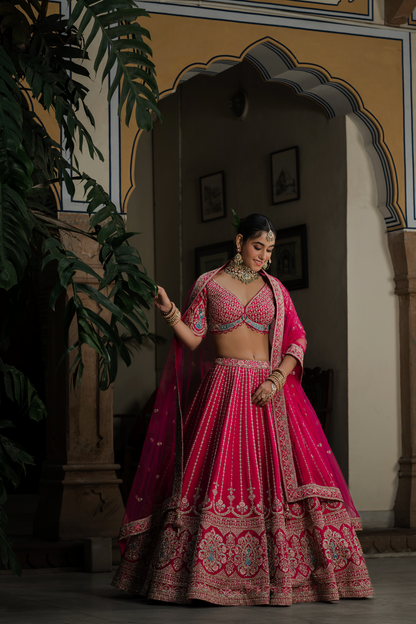 Ruby Red Silk Bridal Lehenga with Sequins & Zari Embroidery