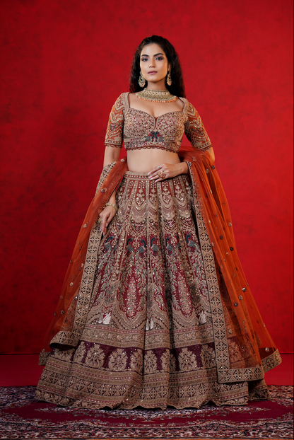Rust Orange Net Bridal Lehenga with Dori & Sequins Embroidery