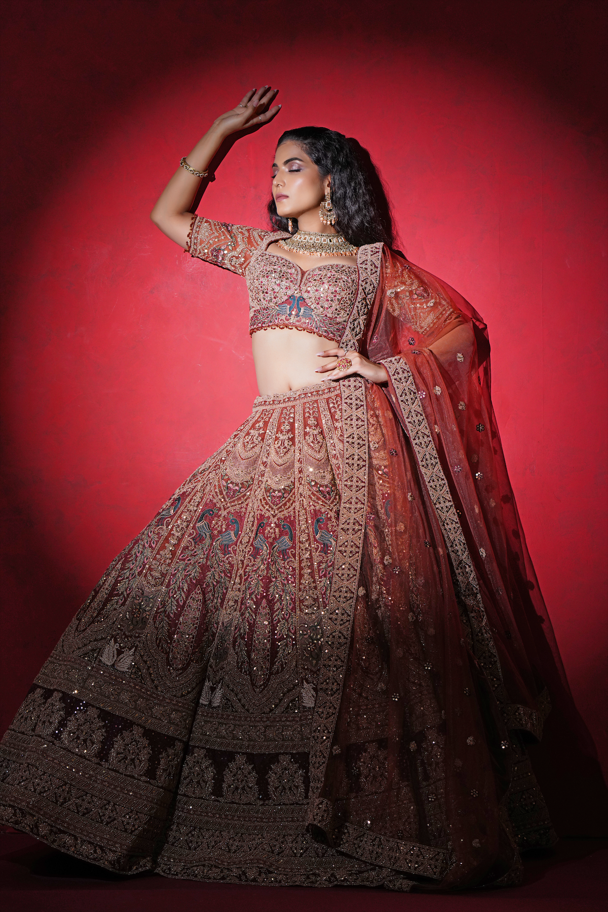 Rust Orange Net Bridal Lehenga with Dori & Sequins Embroidery