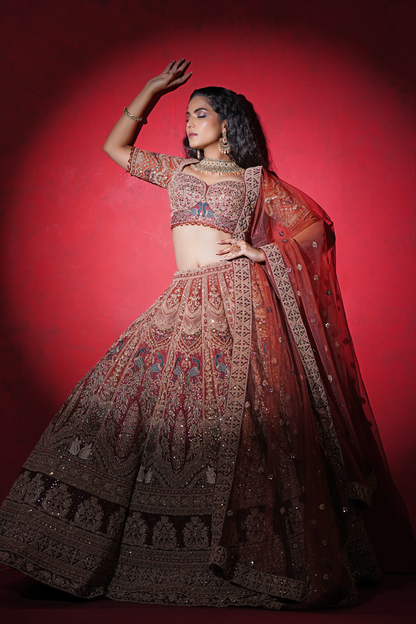 Rust Orange Net Bridal Lehenga with Dori & Sequins Embroidery