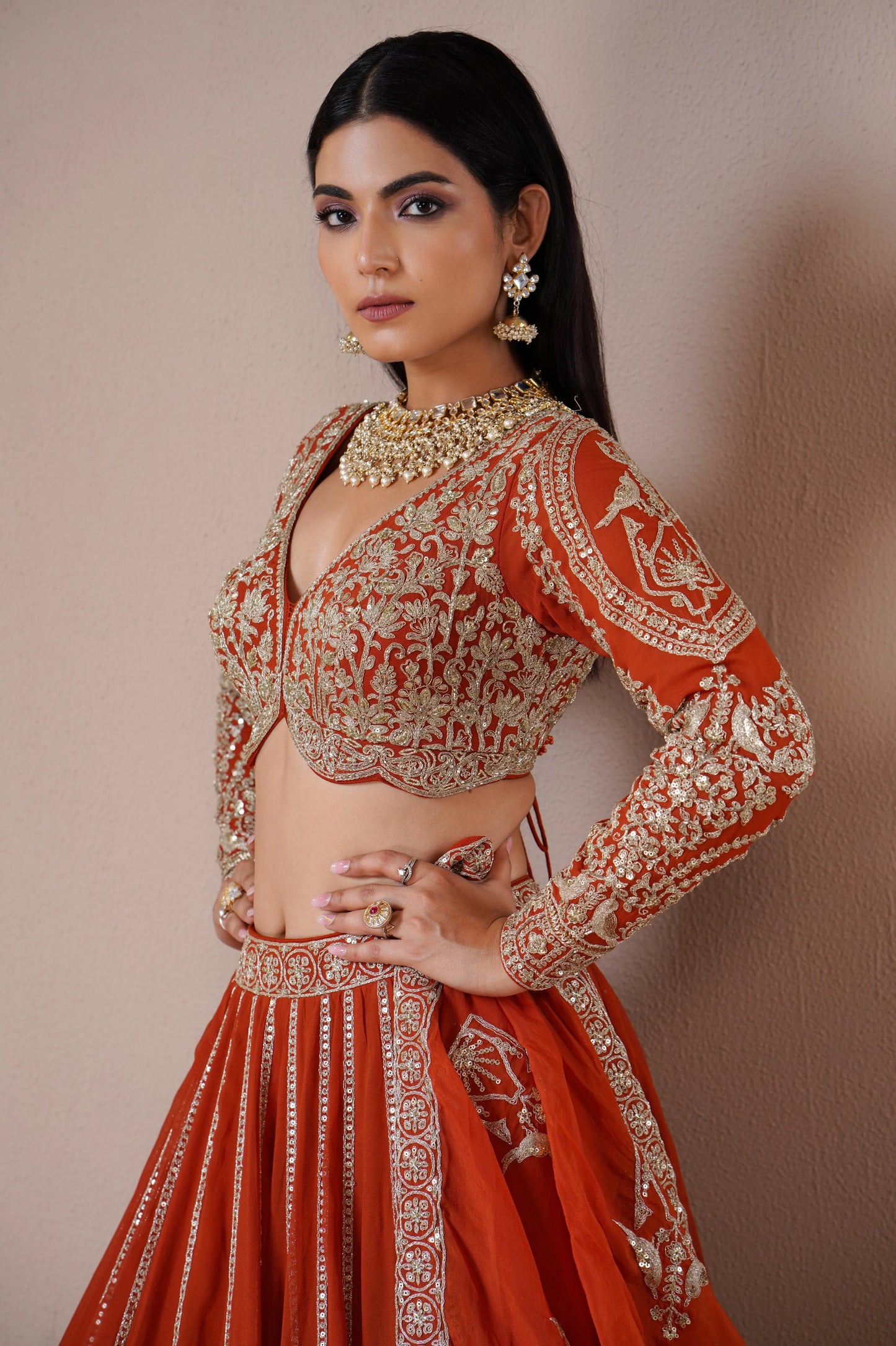 Rust Orange Organza Lehenga with Intricate Zardosi Embroidery