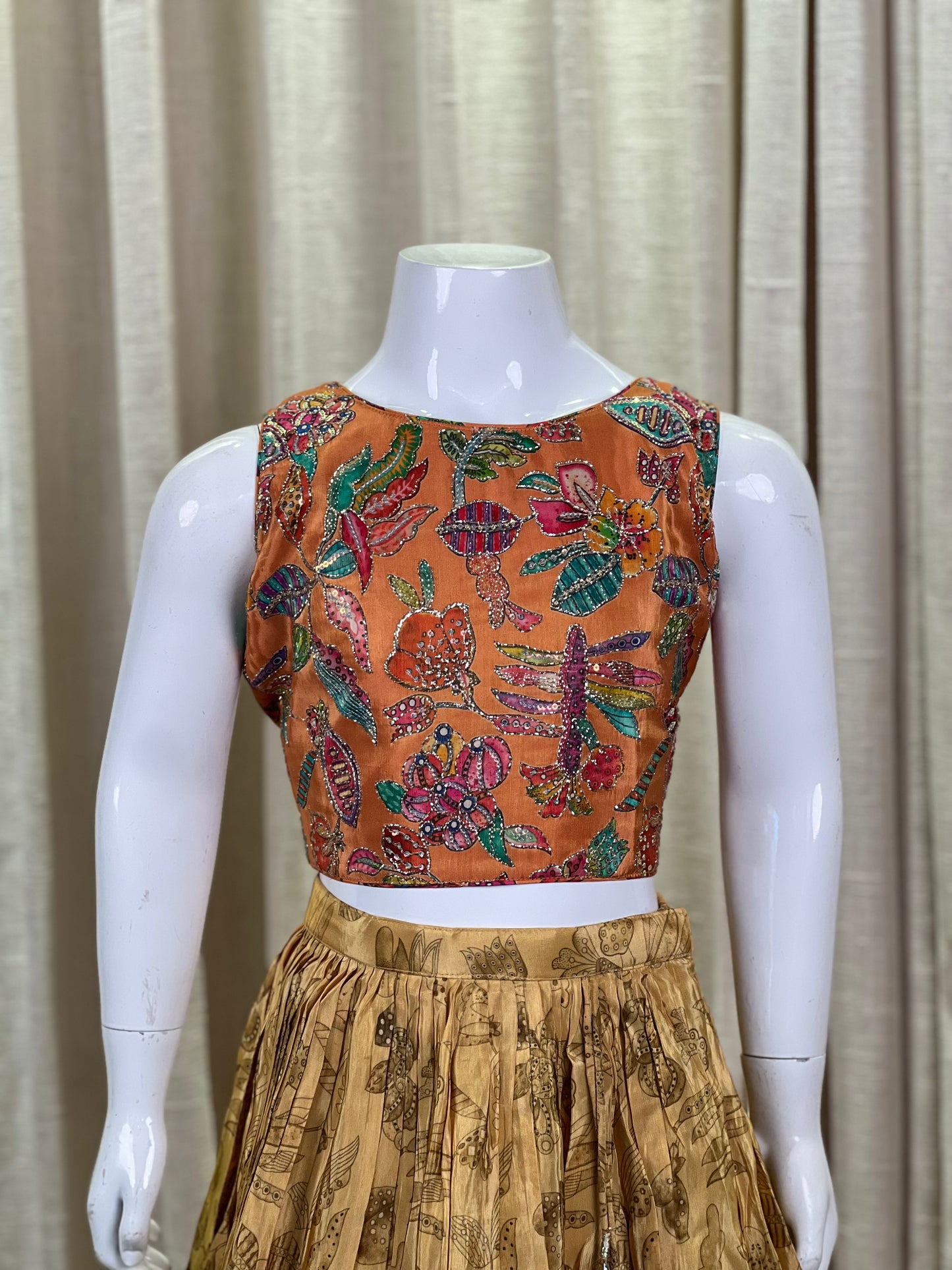 Rust Orange and Mustard Embroidered Butterfly Lehenga Set for Girls