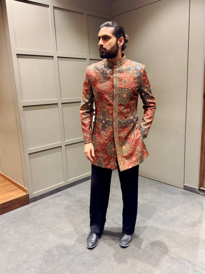 Rust Red Paisley Printed Long Jodhpuri