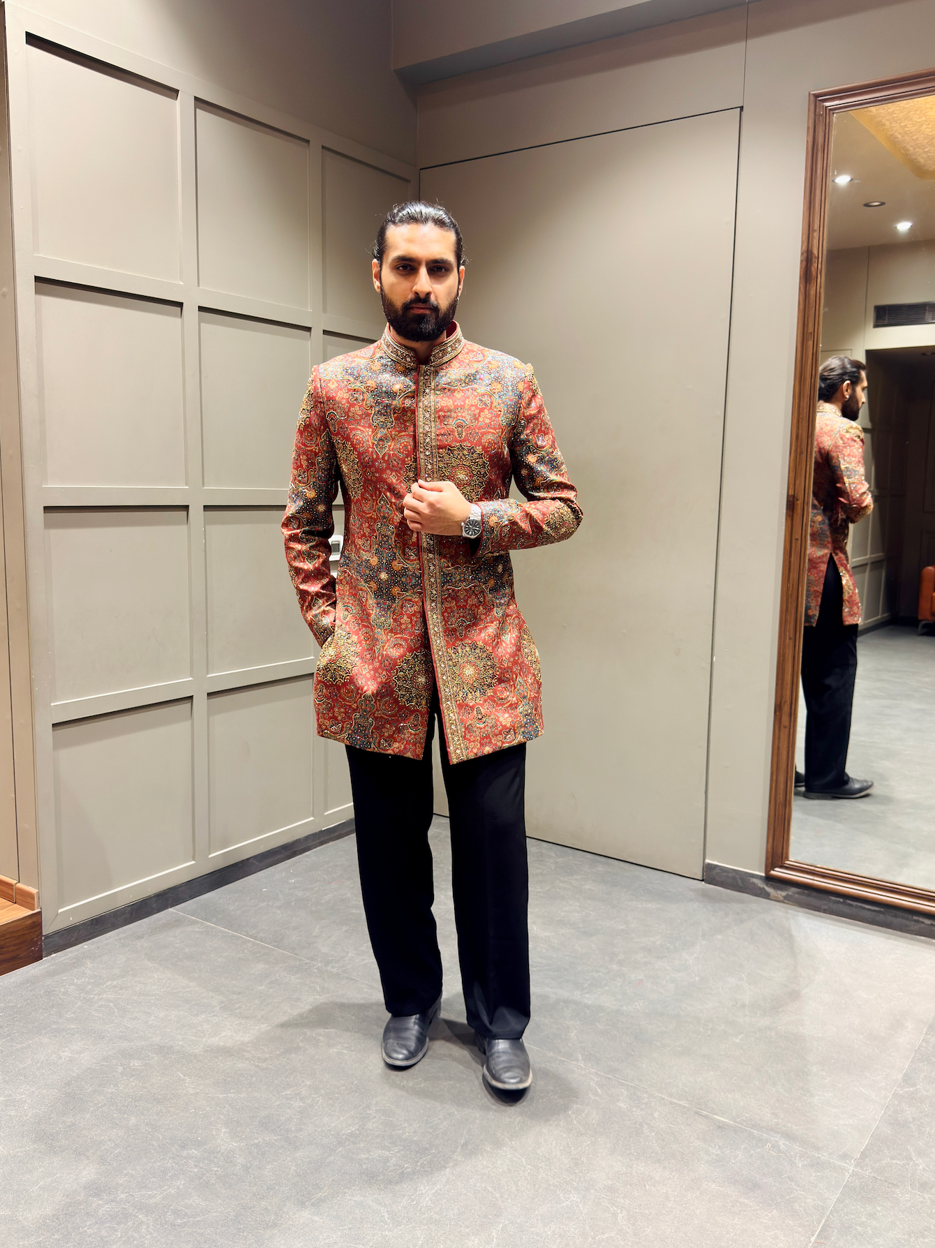 Rust Red Paisley Printed Long Jodhpuri