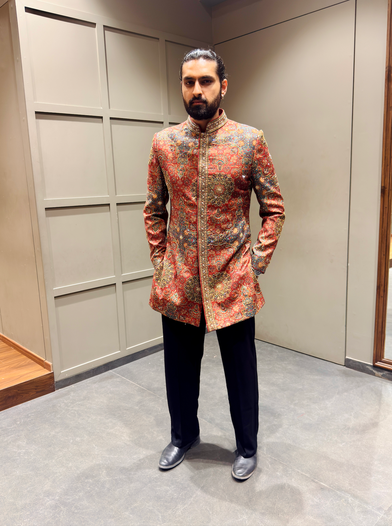 Rust Red Paisley Printed Long Jodhpuri