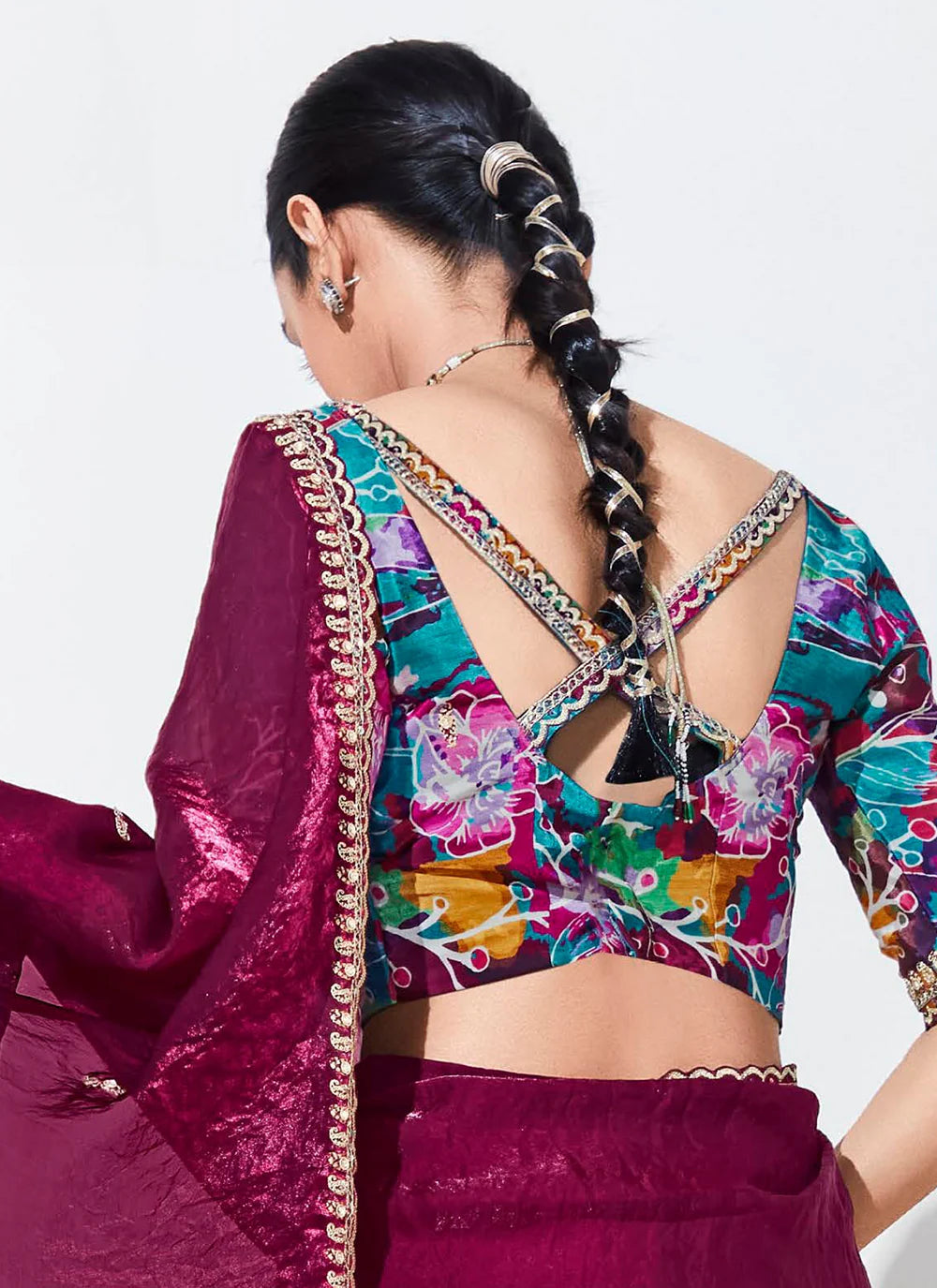 Burgundy Sequins-Embroidered Organza Saree