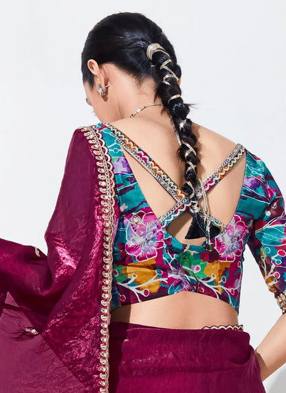 Burgundy Sequins-Embroidered Organza Saree