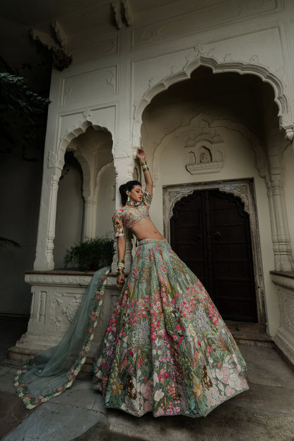 Saga Green Embroidered Organza Lehenga Set