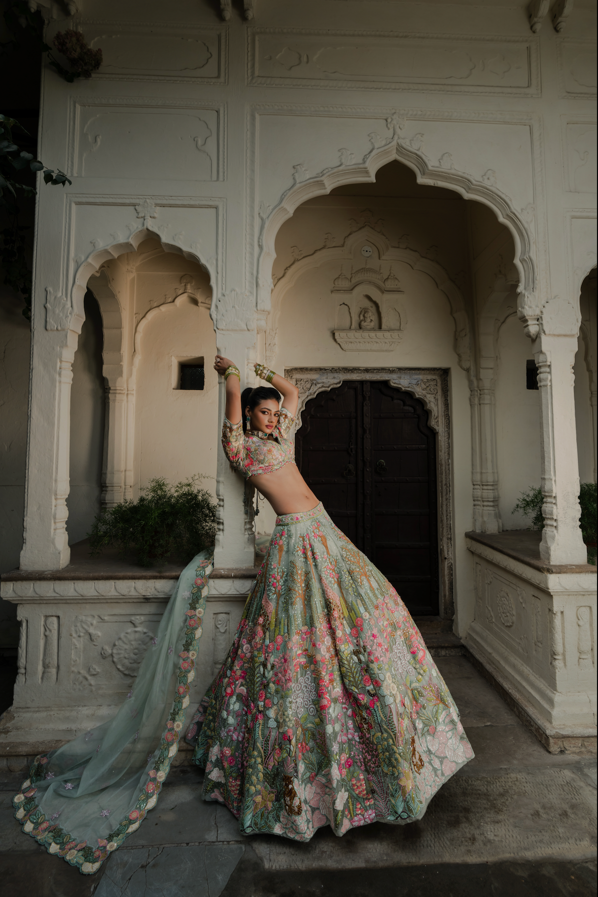 Saga Green Embroidered Organza Lehenga Set