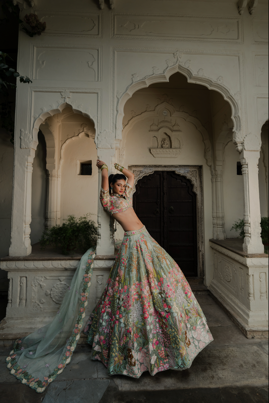 Saga Green Embroidered Organza Lehenga Set