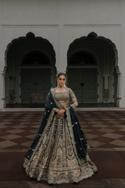 Saga Green Raw Silk Lehenga with Zardosi & Sequin Embroidery