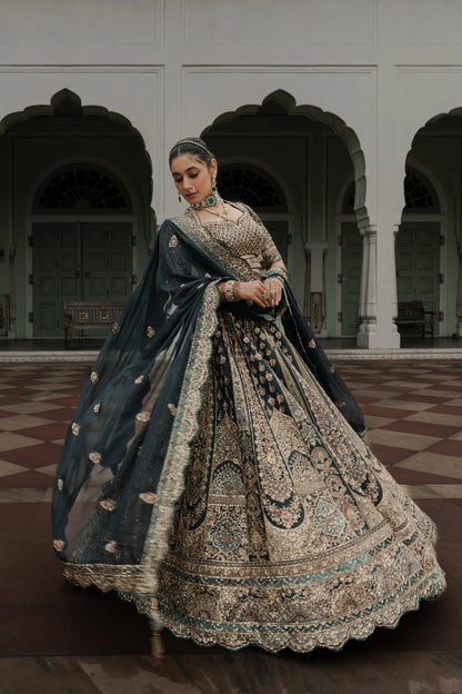 Saga Green Raw Silk Lehenga with Zardosi & Sequin Embroidery