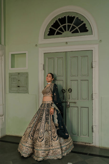 Saga Green Raw Silk Lehenga with Zardosi & Sequin Embroidery