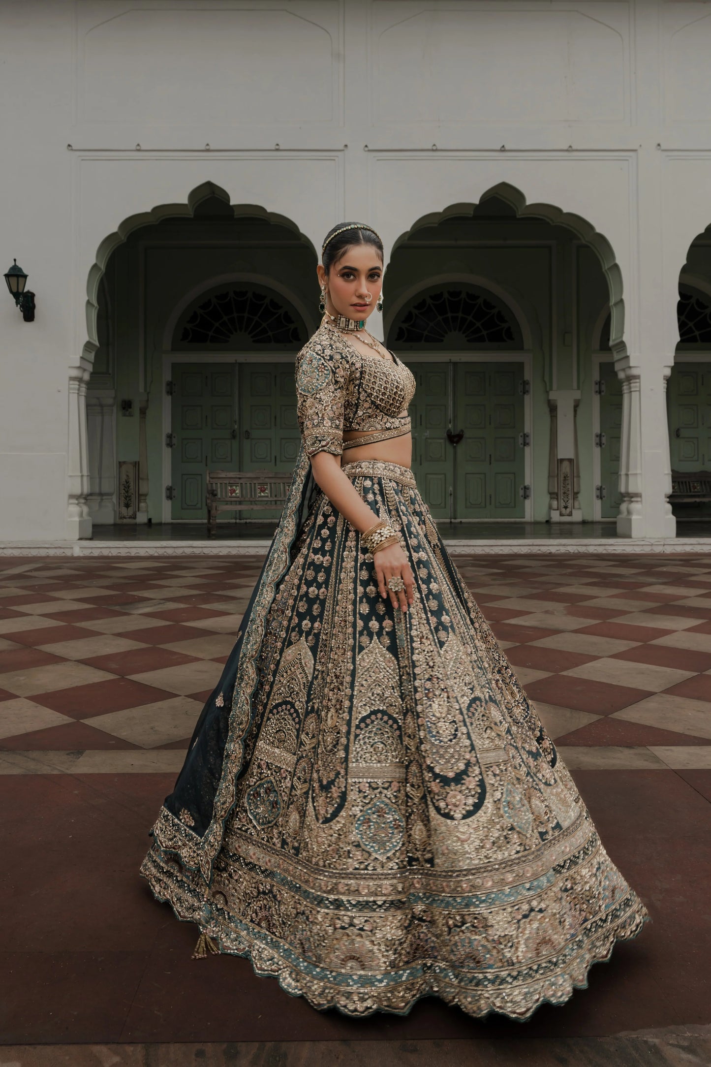 Saga Green Raw Silk Lehenga with Zardosi & Sequin Embroidery