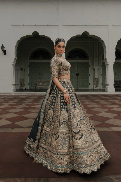 Saga Green Raw Silk Lehenga with Zardosi & Sequin Embroidery