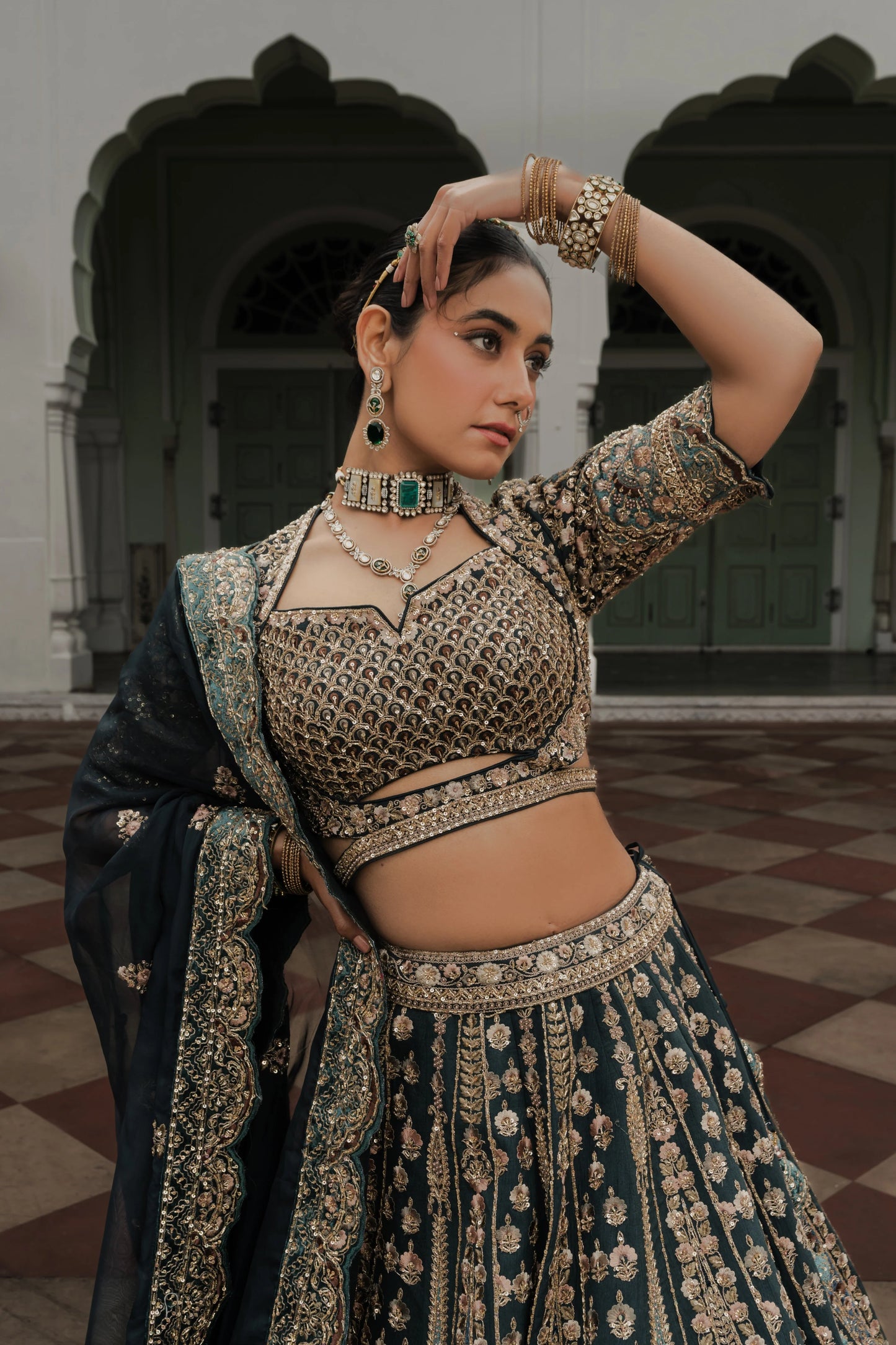 Saga Green Raw Silk Lehenga with Zardosi & Sequin Embroidery