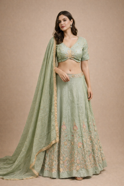 Sage Green Embroidered Designer Lehenga Choli with Dupatta